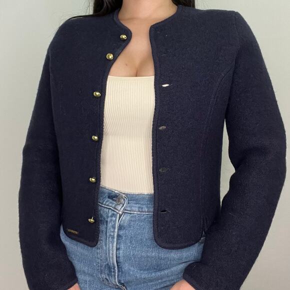 Vintage Geiger Navy Wool Cardigan Jacket Austria Gold Buttons 100% Wool